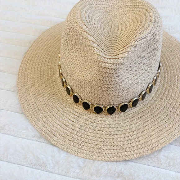 Wide Brim Straw Sun Hat with Shell Trim - Natural - Picture 2 of 3